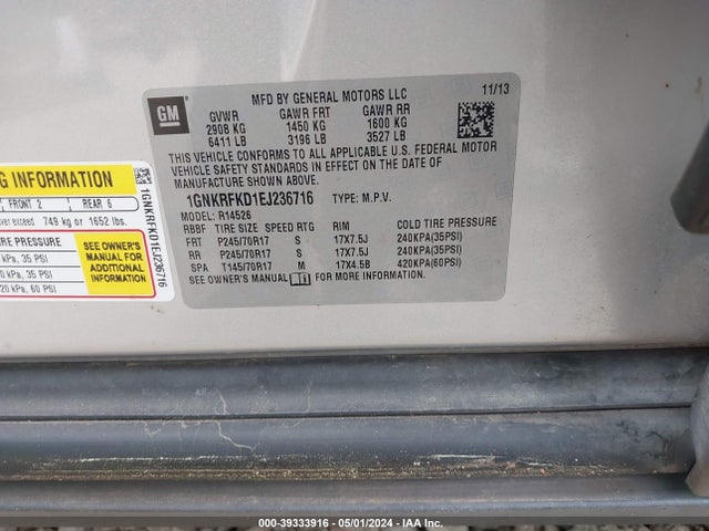 Chevrolet Traverse Ls 2014 1GNKRFKD1EJ236716 Image 9