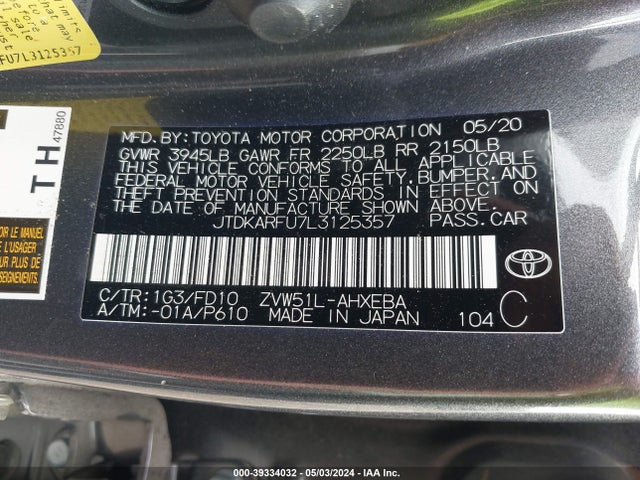 Toyota Prius Le 2020 JTDKARFU7L3125357 Image 9