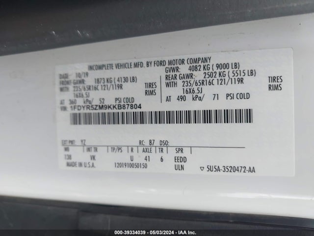 Ford Transit-250 Cab 2019 1FDYR5ZM9KKB87804 Image 9