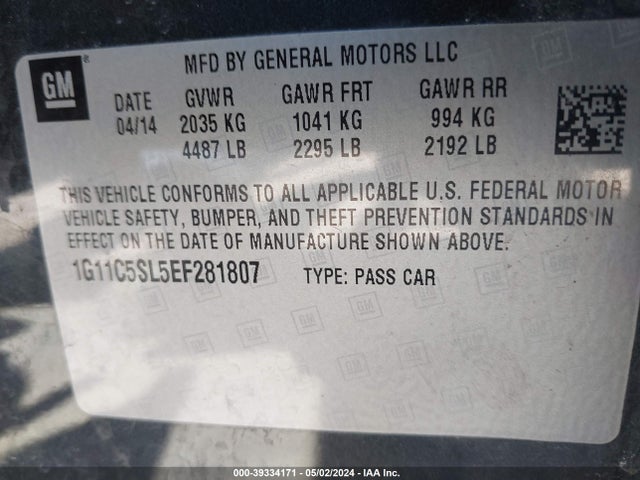 Chevrolet MALIBU 1LT 2014 1G11C5SL5EF281807 Image 9