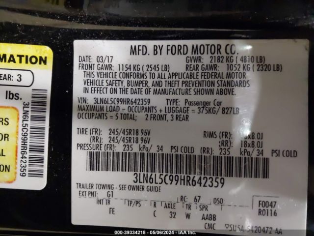 3LN6L5C99HR642359 Lincoln MKZ SELECT