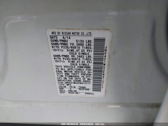 Nissan MURANO SV 2014 JN8AZ1MU2EW412717 Image 9