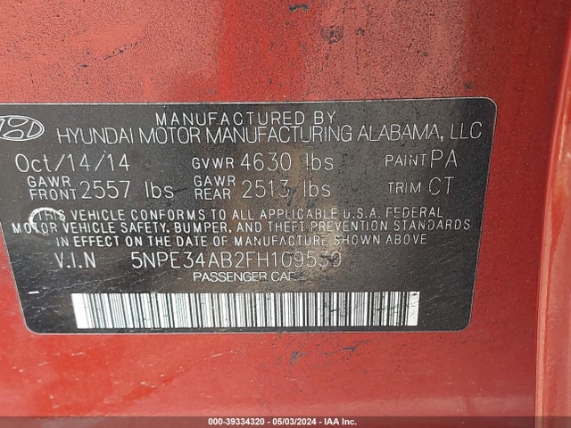 Hyundai Sonata Limited 2.0t 2015 5NPE34AB2FH109530 Image 9