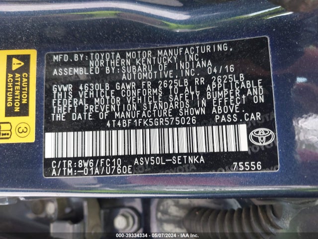 Toyota CAMRY LE 2016 4T4BF1FK5GR575026 Image 9