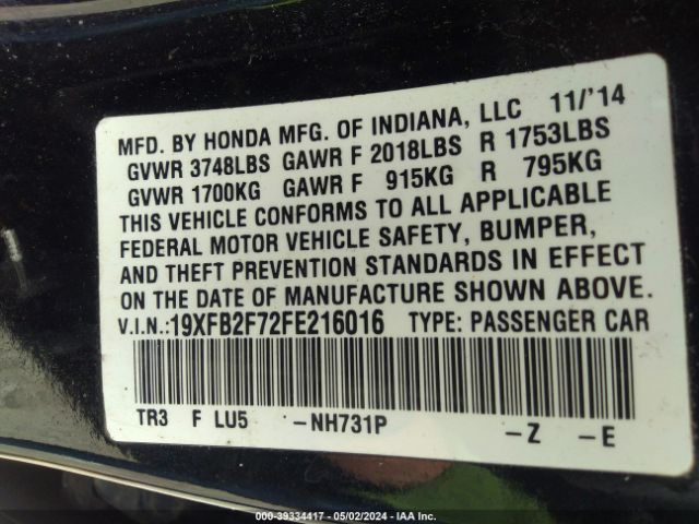 19XFB2F72FE216016 Honda CIVIC SE