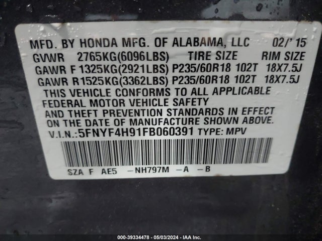 Honda Pilot Touring 2015 5FNYF4H91FB060391 Image 9