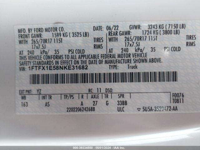1FTFX1E58NKE31682 Ford F-150 Xl