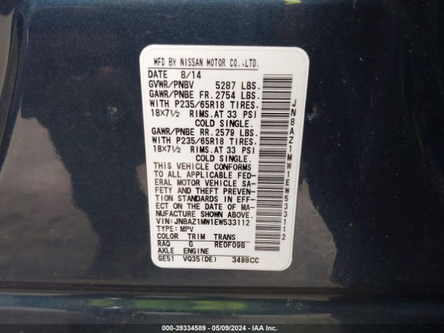 JN8AZ1MW1EW533112 Nissan MURANO SL