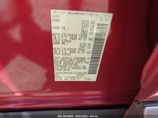 Nissan MURANO SL 2017 5N1AZ2MH5HN123034 Image 9