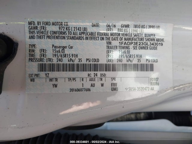 Ford FOCUS S 2016 1FADP3E23GL343019 Image 9