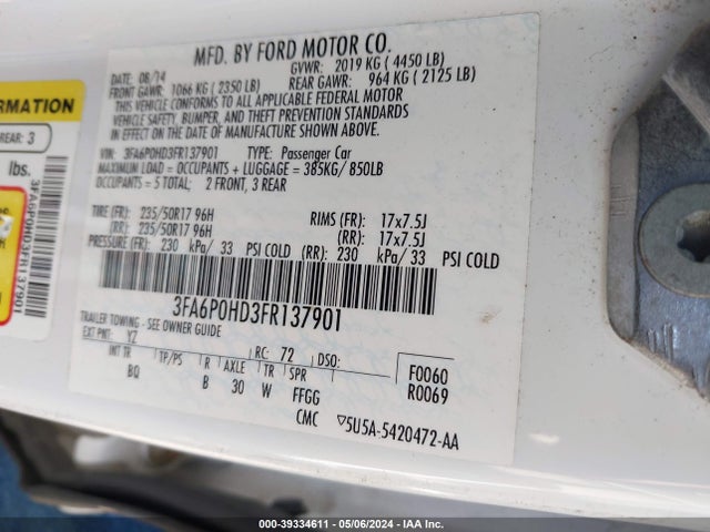 Ford FUSION SE 2015 3FA6P0HD3FR137901 Image 9