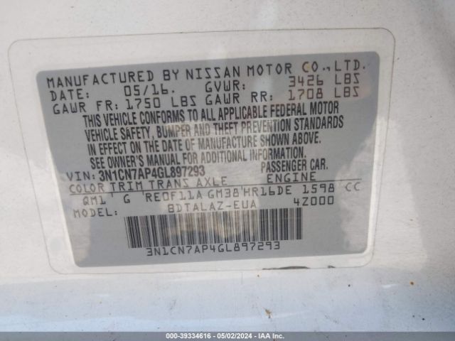 3N1CN7AP4GL897293 Nissan Versa 1.6 S/1.6 S+/1.6 Sl/1.6 Sv
