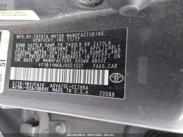 4T1B11HK8JU051527 Toyota CAMRY LE