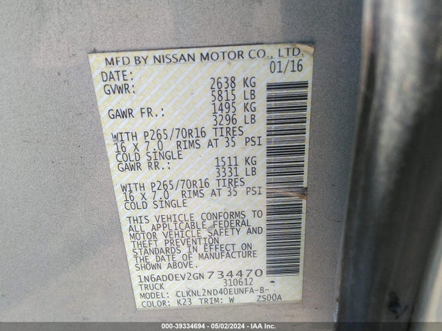 Nissan Frontier Sv 2016 1N6AD0EV2GN734470 Image 9