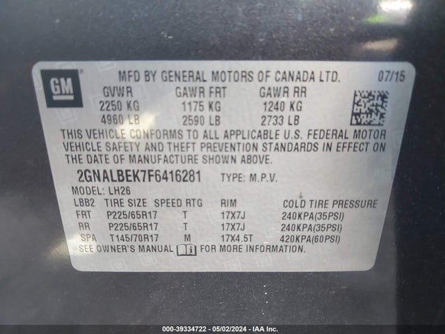 Chevrolet EQUINOX 1LT 2015 2GNALBEK7F6416281 Image 9