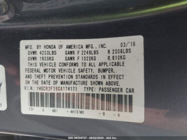 1HGCR2F39GA174171 Honda ACCORD LX