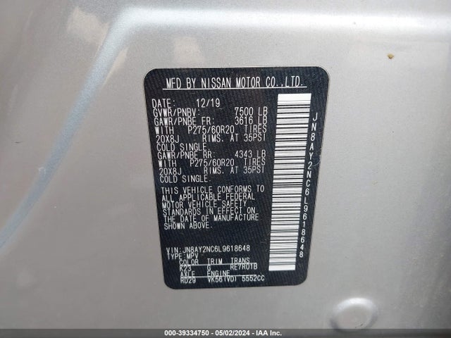 Nissan Armada Sl 4wd 2020 JN8AY2NC6L9618648 Image 9