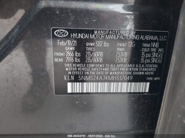 Hyundai Santa Fe Sel 2021 5NMS24AJ4MH337049 Image 9