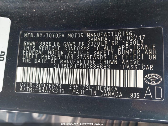 Toyota COROLLA LE 2017 2T1BURHE5HC888683 Image 9