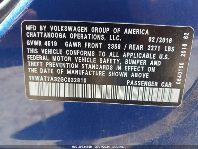 1VWAT7A32GC032810 Volkswagen Passat 1.8t S