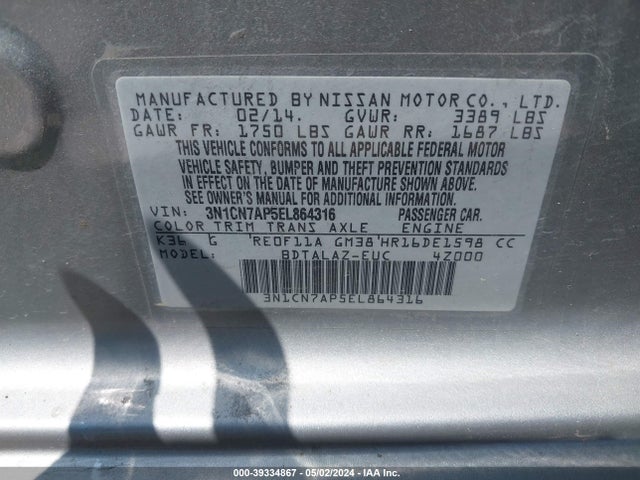 Nissan Versa 1.6 S+ 2014 3N1CN7AP5EL864316 Image 9