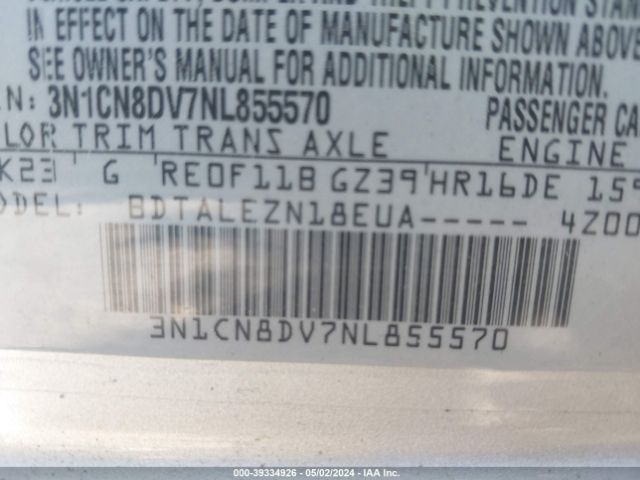 3N1CN8DV7NL855570 Nissan Versa 1.6 S Xtronic Cvt