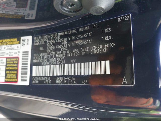 Toyota SIENNA LE 2022 5TDKRKEC5NS124668 Image 9