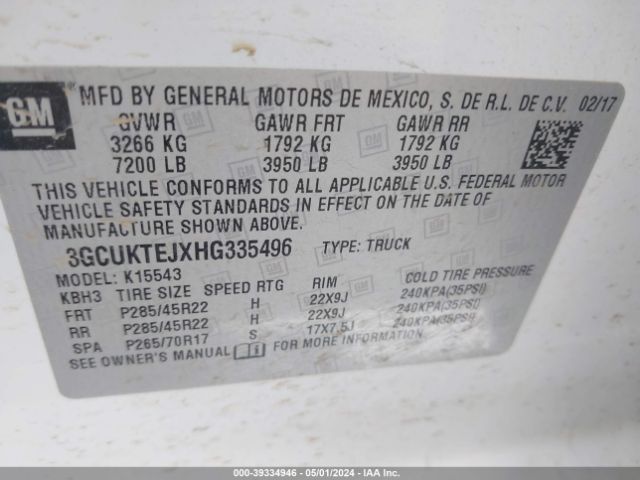 3GCUKTEJXHG335496 Chevrolet Silverado 1500 High Country