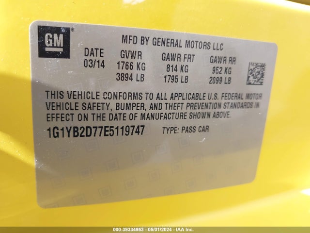Chevrolet CORVETTE STINGRAY 2014 1G1YB2D77E5119747 Image 9