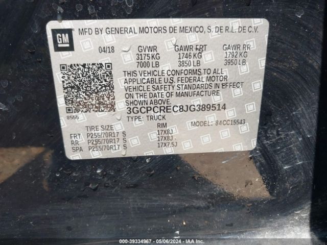 3GCPCREC8JG389514 Chevrolet Silverado 1500 1lt