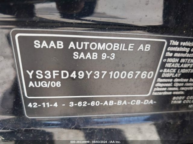 2007 SAAB 9-3 YS3FD49Y371006760 Photo 8