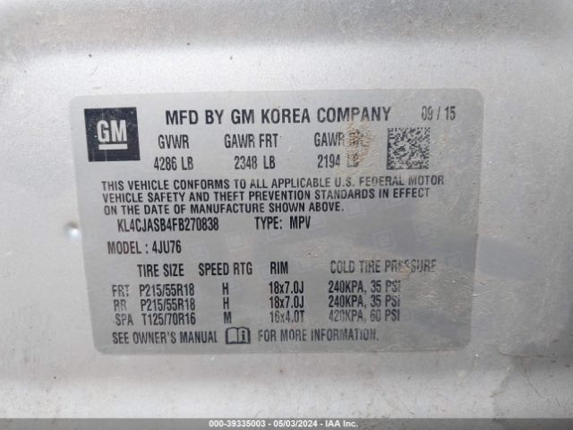 KL4CJASB4FB270838 Buick Encore