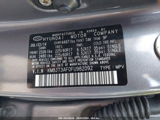 Hyundai TUCSON GLS 2015 KM8JT3AF0FU982092 Image 9