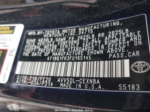 4T1BD1FK3FU165145 Toyota Camry Hybrid Le