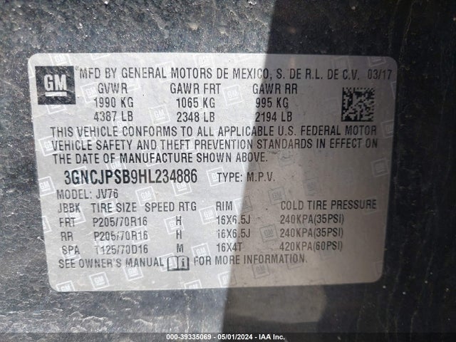 Chevrolet Trax Lt 2017 3GNCJPSB9HL234886 Image 9