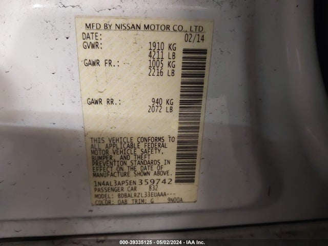 Nissan Altima 2.5 S 2014 1N4AL3AP5EN359742 Image 9
