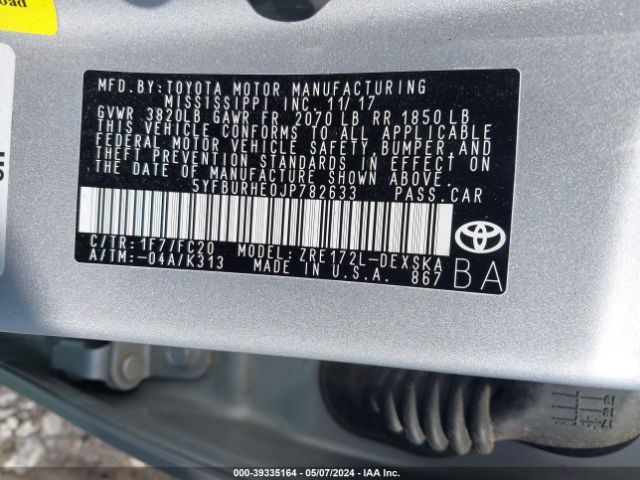 5YFBURHE0JP782633 Toyota COROLLA SE