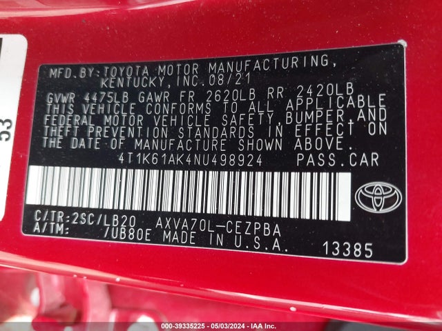 Toyota CAMRY XSE 2022 4T1K61AK4NU498924 Image 9