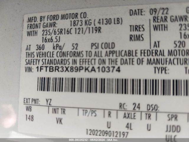 1FTBR3X89PKA10374 Ford Transit-250 Cargo Van