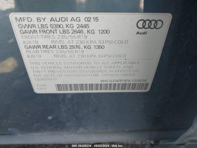 WA1LFAFP3FA103836 Audi Q5 2.0t Premium