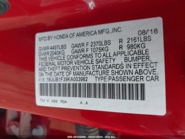 19UUB1F39KA003982 Acura Tlx Standard