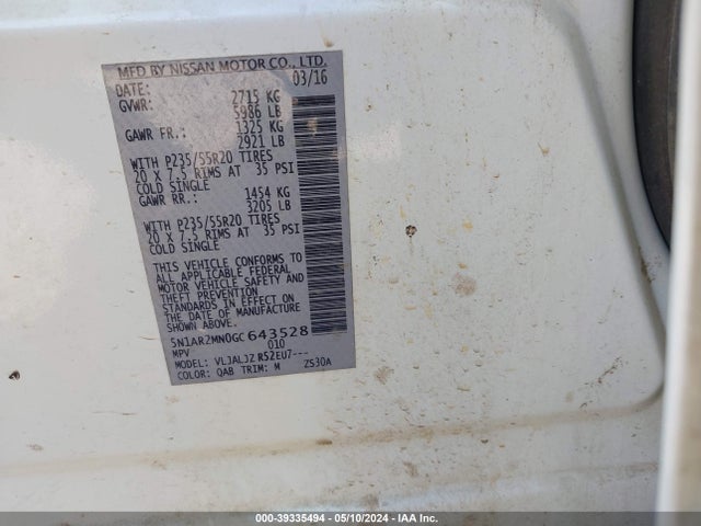 Nissan Pathfinder Platinum 2016 5N1AR2MN0GC643528 Image 9