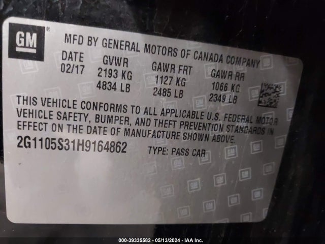 Chevrolet IMPALA 1LT 2017 2G1105S31H9164862 Image 9