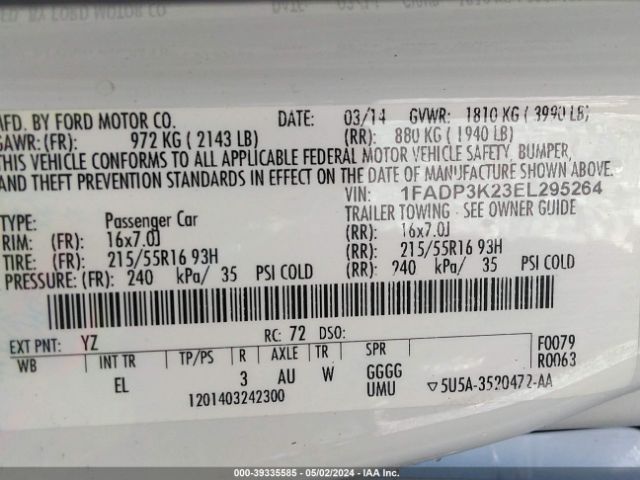 1FADP3K23EL295264 Ford FOCUS SE