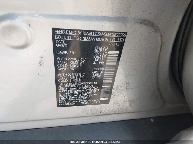 Nissan ROGUE SV 2016 KNMAT2MV0GP605487 Image 9