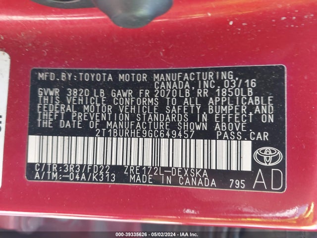 Toyota Corolla S Plus 2016 2T1BURHE9GC649457 Image 9