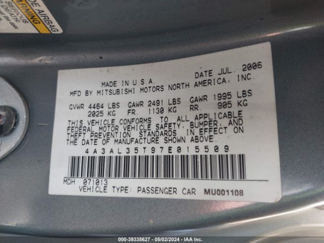 2007 MITSUBISHI ECLIPSE SPYDER 4A3AL35T97E015509 Photo 8