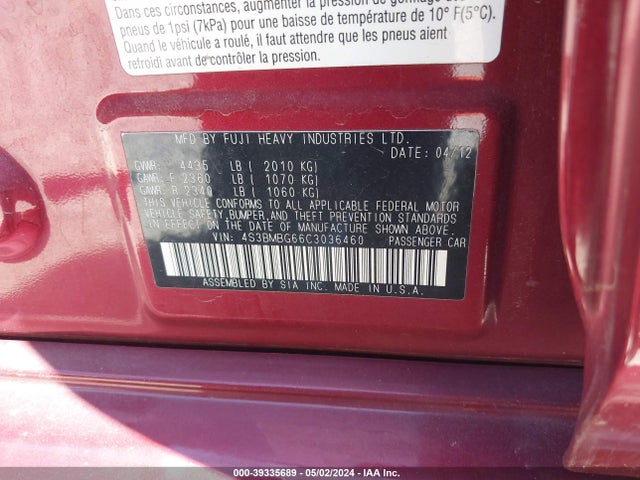 Продаж на аукціоні авто 2012 Subaru Legacy 2.5i Premium, vin: 4S3BMBG66C3036460, номер лоту: 39335689
