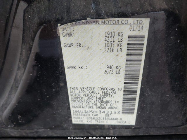 Nissan Altima 2.5 Sl 2014 1N4AL3AP5EN343153 Image 9