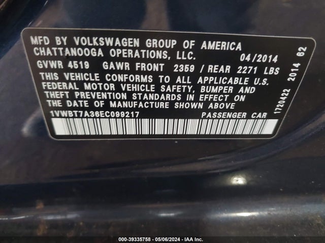 1VWBT7A36EC099217 Volkswagen Passat 1.8t Se